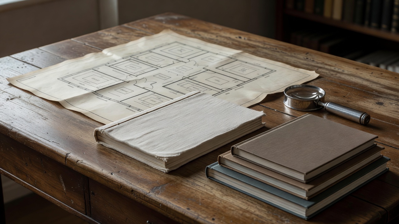 Curator's wooden desk holding exhibition floorplans, a linen-bound notebook, a silver loupe, and a stack of photography monographs