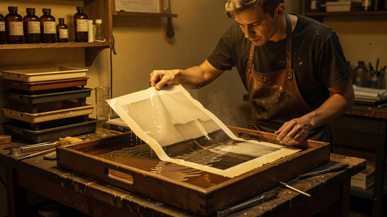 Emerging artist under amber safelight inspecting a large wet fiber print in a wooden developing tray
