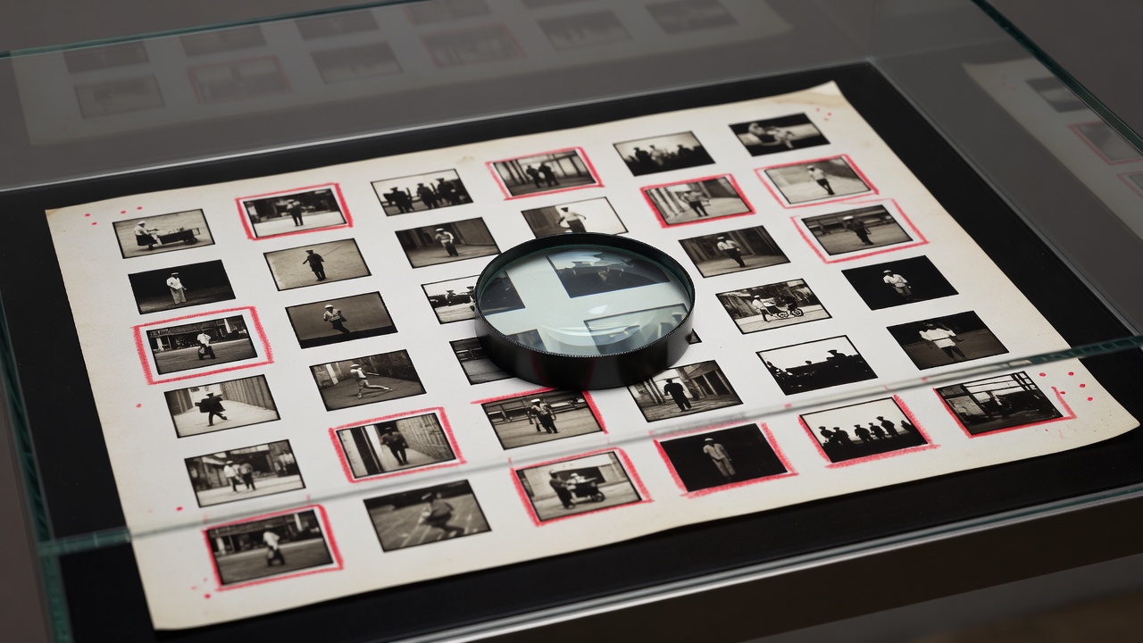 Close-up view of a vintage 35mm silver gelatin contact sheet with red grease-pencil crop marks and a magnifier loupe inside a museum display case