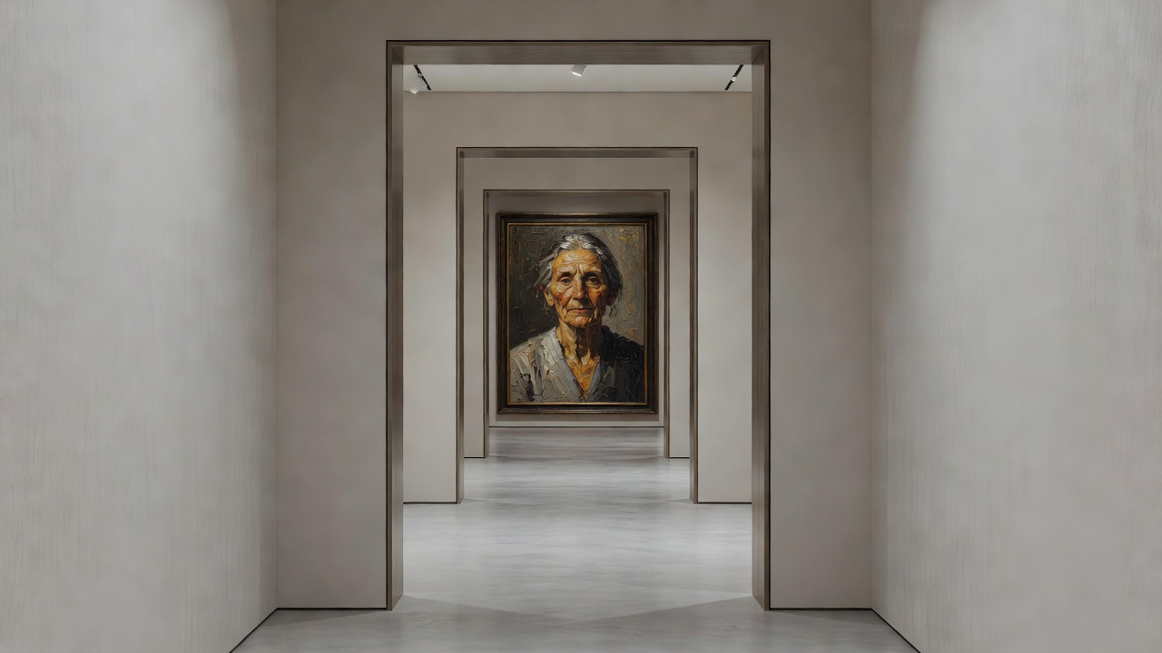 Long perspective view through three interconnected gallery doorways showing how a large portrait anchors the distant terminal wall