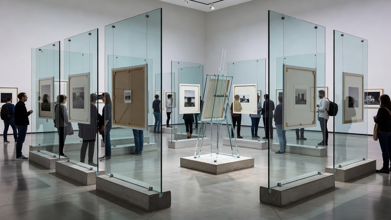Exhibition hall filled with freestanding tempered glass panels anchored in concrete blocks, allowing visitors to see the backs of photographic mounts